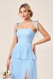 Sky Blue A Line Tulle Bow Long Bridesmaid Dress with Slit