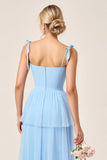 Sky Blue A Line Tulle Bow Long Bridesmaid Dress with Slit