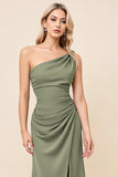 Eucalyptus Sheath One Shoulder Maxi Ruched Satin Bridesmaid Dress with Slit