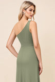 Eucalyptus Sheath One Shoulder Maxi Ruched Satin Bridesmaid Dress with Slit