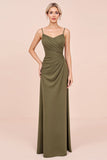 Olive Sheath Satin Backless Ruched Long Bridesmaid Dress