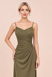 Olive Sheath Satin Backless Ruched Long Bridesmaid Dress