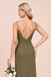 Olive Sheath Satin Backless Ruched Long Bridesmaid Dress