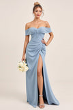 Ruched Satin Off the Shoulder Dusty Blue Long Bridesmaid Dress with Slit