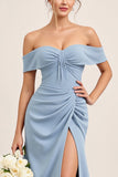 Ruched Satin Off the Shoulder Dusty Blue Long Bridesmaid Dress with Slit