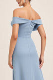 Ruched Satin Off the Shoulder Dusty Blue Long Bridesmaid Dress with Slit