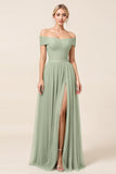 Tulle Matcha A Line Off the Shoulder Maxi Bridesmaid Dress with Slit