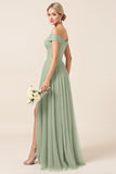 Tulle Matcha A Line Off the Shoulder Maxi Bridesmaid Dress with Slit