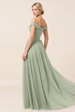 Tulle Matcha A Line Off the Shoulder Maxi Bridesmaid Dress with Slit