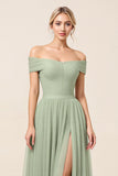 Tulle Matcha A Line Off the Shoulder Maxi Bridesmaid Dress with Slit