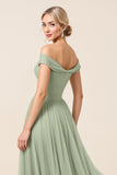 Tulle Matcha A Line Off the Shoulder Maxi Bridesmaid Dress with Slit