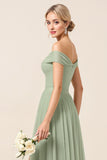 Tulle Matcha A Line Off the Shoulder Maxi Bridesmaid Dress with Slit