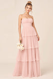 Tulle Candy Pink A Line Strapless Tiered Long Bridesmaid Dress