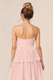 Tulle Candy Pink A Line Strapless Tiered Long Bridesmaid Dress