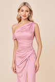 Blush Pink Sheath Satin Ruched One Shoulder Long Bridesmaid Dress with Slit