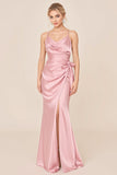Blush Pink Sheath Satin Cowl Neck Maxi Bridesmaid Dress with Slit