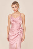 Blush Pink Sheath Satin Cowl Neck Maxi Bridesmaid Dress with Slit