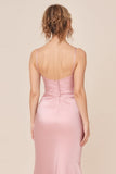 Blush Pink Sheath Satin Cowl Neck Maxi Bridesmaid Dress with Slit