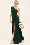 Pine Satin Ruched One Shoulder Maxi Bridesmaid Dress with Slit