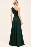 Pine Satin Ruched One Shoulder Maxi Bridesmaid Dress with Slit