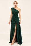 Pine Satin Ruched One Shoulder Maxi Bridesmaid Dress with Slit
