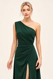 Pine Satin Ruched One Shoulder Maxi Bridesmaid Dress with Slit