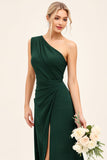 Pine Satin Ruched One Shoulder Maxi Bridesmaid Dress with Slit