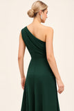 Pine Satin Ruched One Shoulder Maxi Bridesmaid Dress with Slit