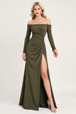 Olive Off the Shoulder Sheath Satin Long Sleeves Bridesmaid Dress with Slit