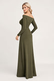 Olive Off the Shoulder Sheath Satin Long Sleeves Bridesmaid Dress with Slit