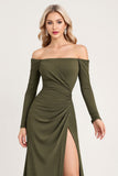 Olive Off the Shoulder Sheath Satin Long Sleeves Bridesmaid Dress with Slit
