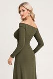 Olive Off the Shoulder Sheath Satin Long Sleeves Bridesmaid Dress with Slit