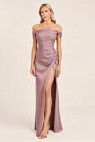 Satin Off the Shoulder Vintage Mauve Long Bridesmaid Dress with Slit