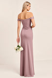 Satin Off the Shoulder Vintage Mauve Long Bridesmaid Dress with Slit