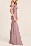 Satin Off the Shoulder Vintage Mauve Long Bridesmaid Dress with Slit