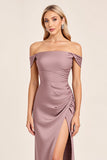 Satin Off the Shoulder Vintage Mauve Long Bridesmaid Dress with Slit