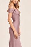 Satin Off the Shoulder Vintage Mauve Long Bridesmaid Dress with Slit