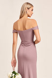 Satin Off the Shoulder Vintage Mauve Long Bridesmaid Dress with Slit