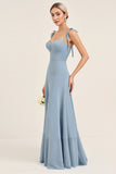 Sky Blue Sheath Spaghetti Straps Long Bridesmaid Dress with Bows