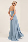 Sky Blue Sheath Spaghetti Straps Long Bridesmaid Dress with Bows