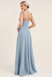 Sky Blue Sheath Spaghetti Straps Long Bridesmaid Dress with Bows