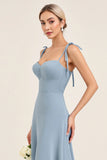 Sky Blue Sheath Spaghetti Straps Long Bridesmaid Dress with Bows