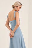 Sky Blue Sheath Spaghetti Straps Long Bridesmaid Dress with Bows