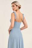 Sky Blue Sheath Spaghetti Straps Long Bridesmaid Dress with Bows
