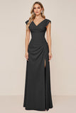 Candy Pink Sheath V-Neck Ruched Long Bridesmaid Dress with Slit