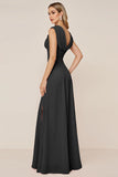 Candy Pink Sheath V-Neck Ruched Long Bridesmaid Dress with Slit