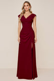 Candy Pink Sheath V-Neck Ruched Long Bridesmaid Dress with Slit