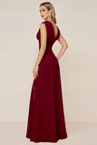 Candy Pink Sheath V-Neck Ruched Long Bridesmaid Dress with Slit