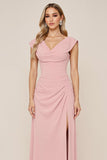 Candy Pink Sheath V-Neck Ruched Long Bridesmaid Dress with Slit