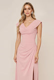 Candy Pink Sheath V-Neck Ruched Long Bridesmaid Dress with Slit